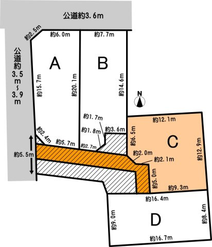 高浜市二池町の土地図|宅地有効面積145.26㎡（43.94坪）斜線部分は車路としてのみ使用（駐車は不可）
ABCD区画間にてお覚書を締結します