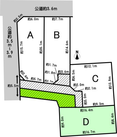 高浜市二池町の土地図|宅地有効面積142.17㎡（43.00坪）斜線部分は車路としてのみ使用（駐車は不可）
ABCD区画間にてお覚書を締結します