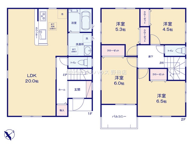 野田市第1桜台　新築戸建　2号棟の間取り|2号棟・広々リビング(^^)/4LDKです！！