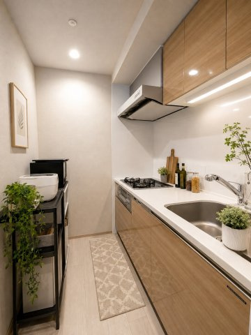 プレサンスロジェ金山駅前のキッチン|作業動線が短く、家事がスムーズに進むキッチン
※バーチャルステージングを実施。家具は販売対象に含まれません