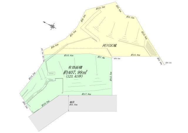 【ヴィレッタの杜】甑岩町Ｄの土地図|有効面積約407.99㎡（別途河川区域部分として約414.36㎡あり）