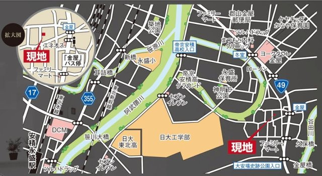 郡山市田村町金屋字宝蔵　　２号棟　　　高瀬小学校、高瀬中学区の地図|案内図