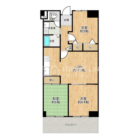 ユニハイム平野北の間取り|専有面積61.22ｍ²　バルコニー面積8.88ｍ²　3LDK