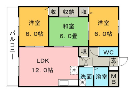久留米市野中町の賃貸マンションの間取り|※反転の間取りです