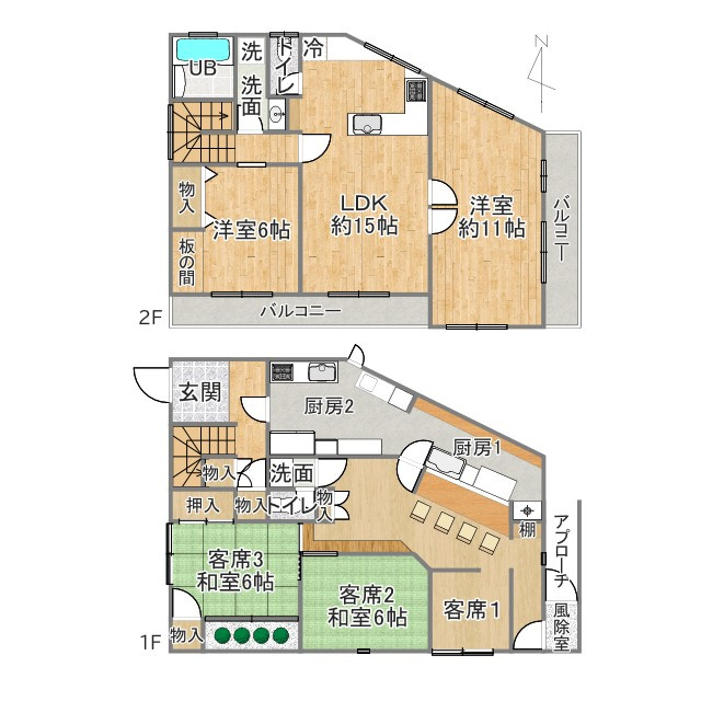 売店舗付き住宅　中央区富塚町の間取り|１階には４席のカウンタースペース加えて３か所の客席。２階の居住エリアは各部屋が広い2LDKの間取です。