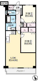 【間取り】 | ジャルダン宝塚中山台弐番館A棟 | お二人様におすすめのゆったりとした２LDKの間取りです♪南西向きバルコニーで陽当たり良好です！