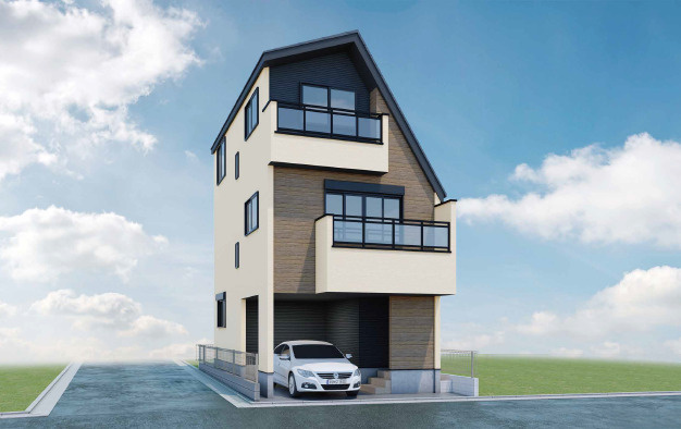 板橋区東坂下1丁目　角地×ZEH水準　車庫付き戸建　限定1棟の外観パース