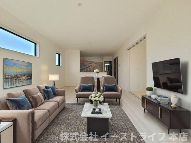 【新築戸建】　いわき市平下平窪第11　全4棟　長期優良住宅の居間・リビング|1号棟のリビングダイニングに家具を配置したイメージ画像です。
※本画像はCGで作成しており、実際に現地に 家具は置かれておりません。また、価格に 家具は含まれておりません。