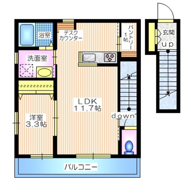 ブルーコートヴィラの間取り|４４．３０平米の１ＬＤＫ　人気のカウンターキッチン