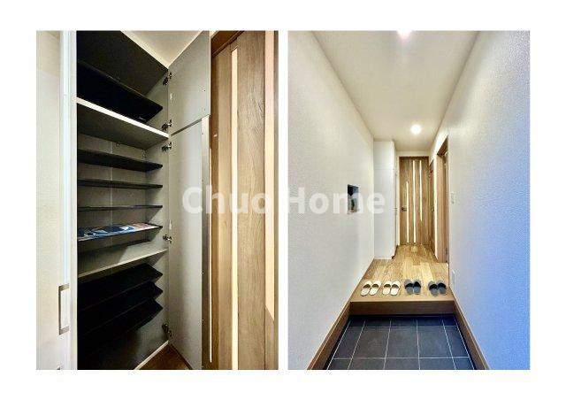 江戸川区一之江6丁目新築分譲住宅の玄関|【玄関】玄関には大型のシューズクローゼットを設置しておりますのでいつでもスッキリりとした空間を保てます。玄関周りを清潔に使うのはとても大事なことですよね。