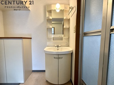 アメニティ収納棚ありの独立洗面台です