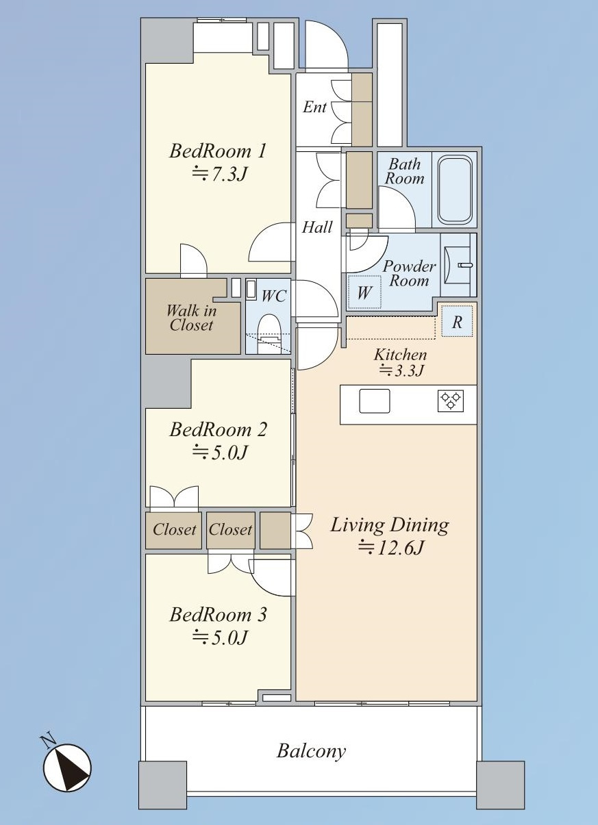 エアライズタワーの間取り|専有面積73.72㎡の3LDK 23階部分南西向き住戸につき陽当たり良好です