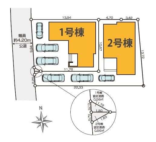 飯能市川寺・全2棟　新築一戸建　1号棟　～LDK22.7帖～の区画図|敷地43坪・カースペースは3台分ございます！