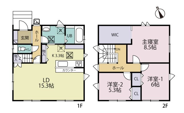 東区藤見町2丁目　中古戸建の間取り|広々空間に対面キッチン。
水回りが近く家事動線良好。
主寝室8.5帖＋WIC付きで収納充実、
家族それぞれの個室も確保できる使いやすい間取りです。