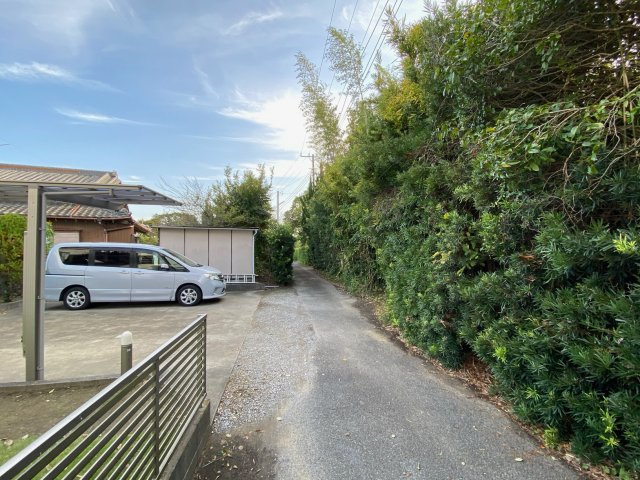 九十九里町片貝　売地の前面道路含む現地写真|右側が敷地。外側から何も見えない緑の壁が秘密基地感