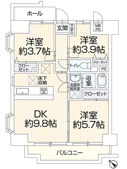 【間取り】 | ◇◆サンハロー湘南台◆◇ | 【3DK】DK9.8帖、洋室5.7帖・3.9帖・3.7帖
