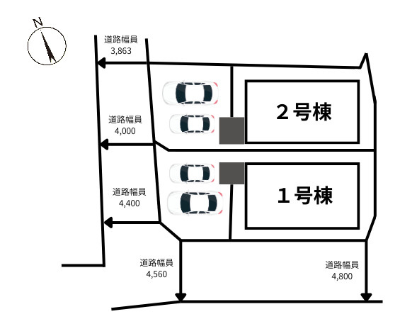 クレイドルガーデン那覇市識名 第３・２号棟の区画図|２号棟／接道：東側3.8～4.4ｍ公道、南側4.5～4.8ｍ公道