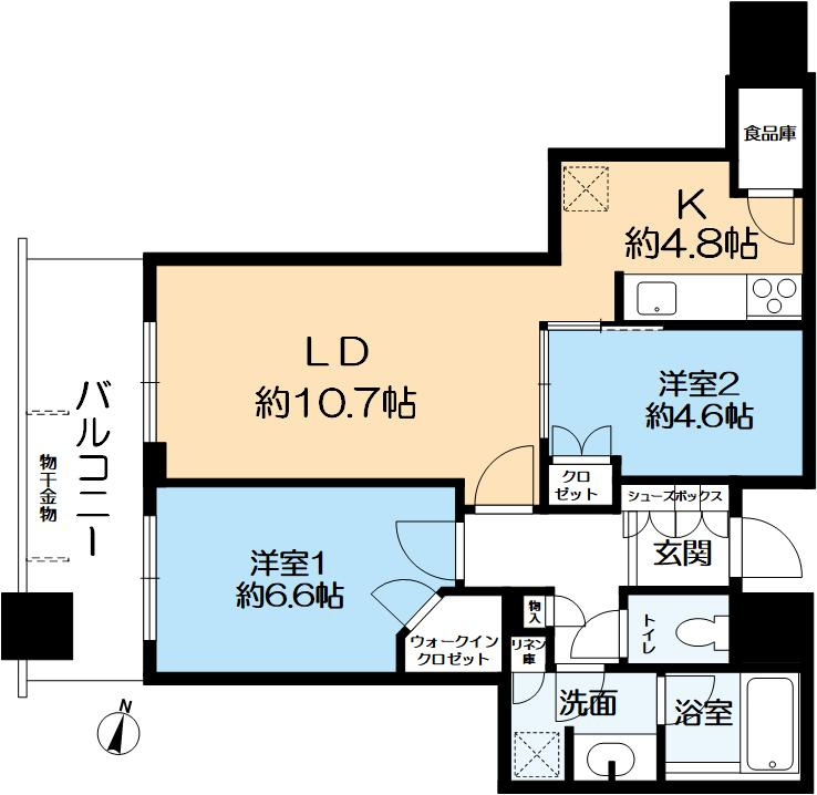 御影タワーレジデンスの間取り|63.42㎡、2LDKです。
各洋室に収納があり、ウォークインクローゼットもございますので広くごゆっくりお過ごしいただけます。