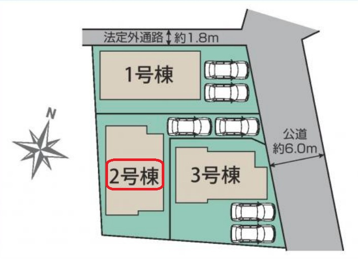 東村山市多摩湖町1丁目・全3棟　新築一戸建　2号棟の区画図|【全3棟・2号棟】土地面積142.85平米（約43.21坪）