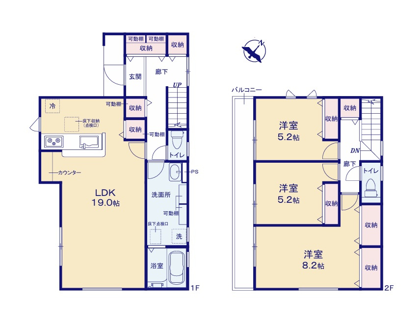 リーブルガーデン  ひたちなか田彦　10期　2の間取り|　
☆LDK広々19帖、ちょっとした書き物にも便利なカウンター付き。全居室の他1.2階廊下にも大容量の収納スペース！日当たり良好、ワイドバルコニーも魅力です。