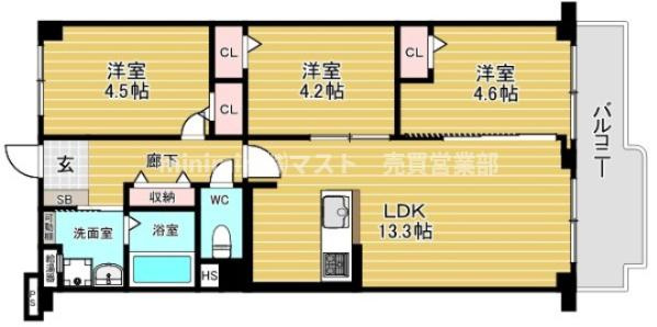 ユニハイム市岡2の間取り|◆3LDK、価格2898万円、専有面積61.60㎡、バルコニー面積7.46㎡
