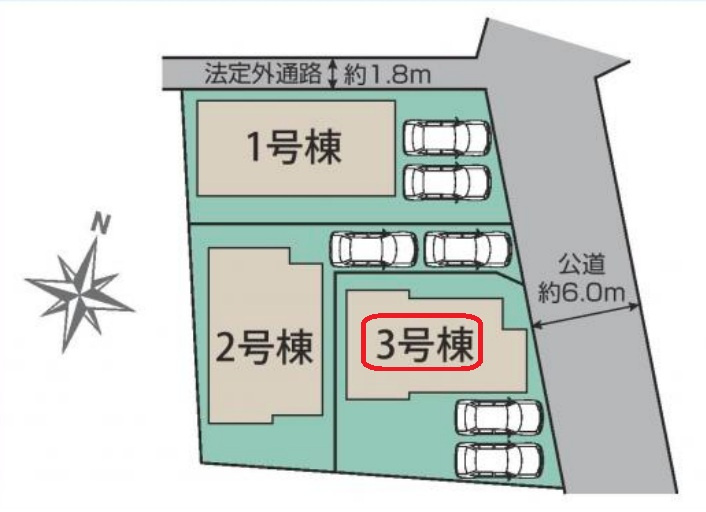 東村山市多摩湖町1丁目・全3棟　新築一戸建　3号棟の区画図|【全3棟・3号棟】土地面積142.86平米（約43.21坪）