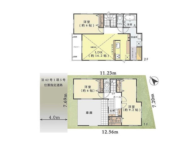 【間取り】 | 志木市本町2丁目　中古一戸建住宅　(丸井志木店) | 勾配天井×16.2帖LDKの開放的な住空間。
ベランダに面した明るいリビングに、使い勝手の良いカウンターキッチン。
ゆとりある玄関も魅力で、心地よい暮らしを実現します。