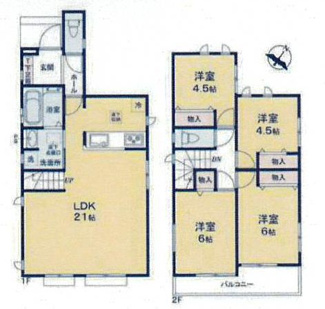 【間取り】 | 座間市ひばりが丘2丁目 A号棟 | 太陽光発電　掃き出し窓シャッター付　Ｗロックディンプルキー（スマートキー）　二部屋から行き来できるバルコニー　浴室乾燥機+窓　全居室収納　LDK21帖