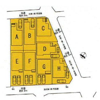 【区画図】 | 座間市ひばりが丘2丁目 A号棟 | Ａ号棟　北西側約4m公道（セットバック部分の持分あり）　駐車1台（車種によります）　敷地面積31.6坪
