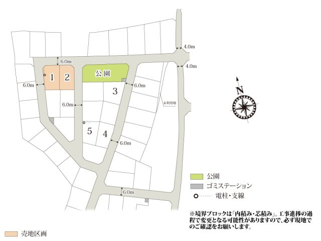 【区画図】 | 前面道路は幅員6.0mとゆとりがあり、お車の出し入れもラクラク。周辺は40区画以上の分譲地となっており、落ち着いた生活が過ごせそうですね。