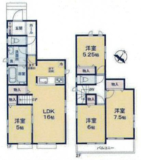 【間取り】 | 座間市ひばりが丘2丁目 B号棟 | 太陽光発電　掃き出し窓シャッター付　Ｗロックディンプルキー（スマートキー）　二部屋から行き来できるバルコニー　浴室乾燥機+窓　全居室収納　リビング収納　LDK16帖+洋室5帖
