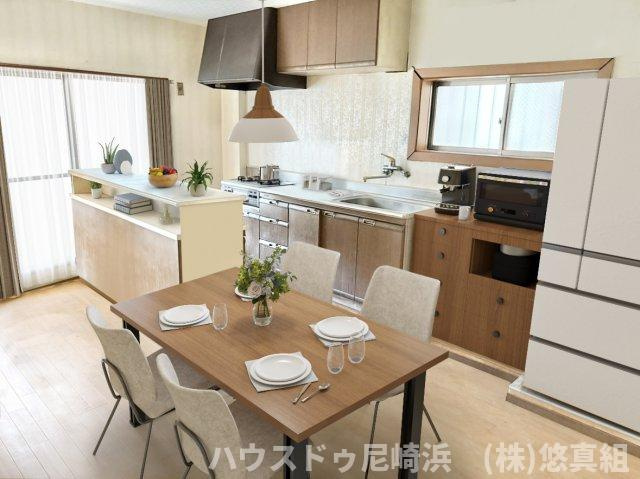 店舗付住宅　大阪市北区長柄西1丁目　の居間・リビング|■2階LDK　約13.0帖　出窓があり通風・採光良好です！（※家具配置はCGによるシミュレーションです。）