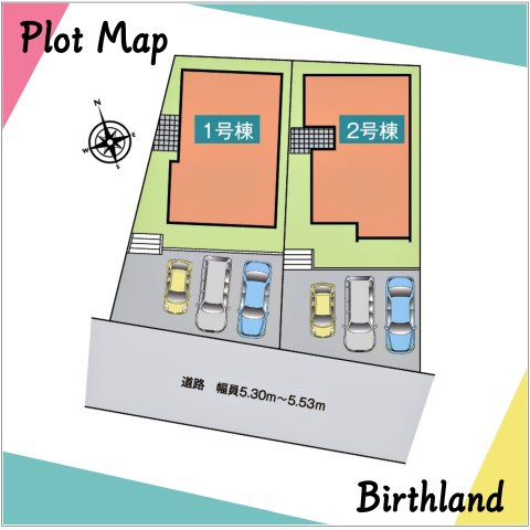 新築戸建・新築建売　郡山市安積町笹川　安積第三小・安積第二中の区画図|駐車スペースは3台可能です！（車種による）前面道路：南西幅員5.3ｍ