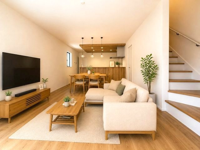 【居間・リビング】 | 福岡市南区長住1丁目2期　2号棟（全4棟）【仲介手数料無料・0円】 | 現地写真。家具・家電等はCGによる配置例です。物件には含まれません
