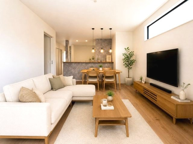 【居間・リビング】 | 福岡市南区長住1丁目2期　4号棟（全4棟）【仲介手数料無料・0円】 | 現地写真。家具・家電等はCGによる配置例です。物件には含まれません