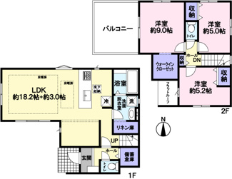 【間取り】 | 府中市栄町1丁目新築戸建 | ウォークインクローゼットやリネン庫、備蓄倉庫など収納豊富です。あたたかな床暖房もついてます。