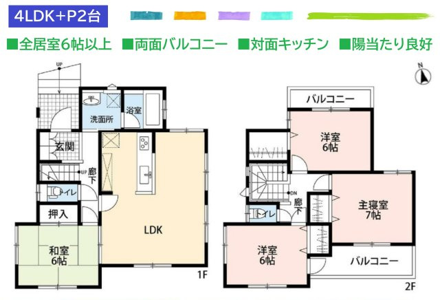 【間取り】 | 両面バルコニーにつき、２F各居室は明るい日差しが差し込みます☆　　
徒歩1分のバス停から「本厚木」駅へアクセスも良好◎