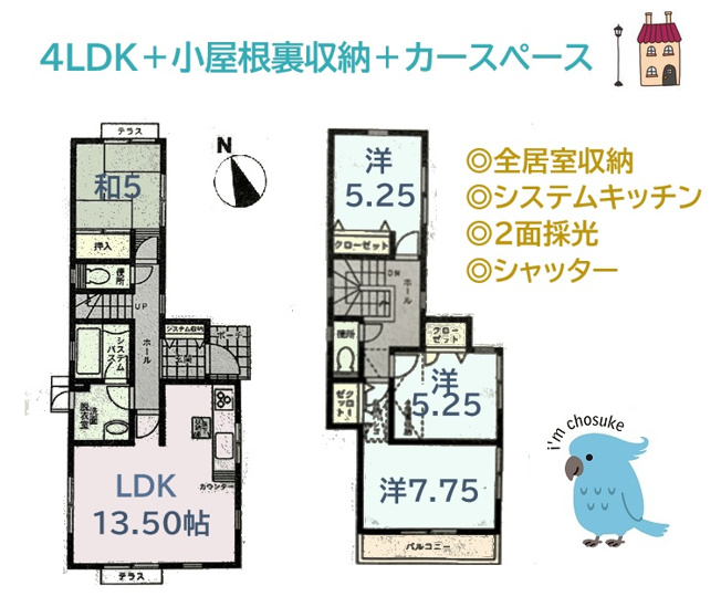 【間取り】 | 全居室収納完備し、お部屋ごと荷物が片付くゆとりの４LDK♪　
返済計画が立てやすく、幅広い年齢層に人気のある中古戸建物件です。
