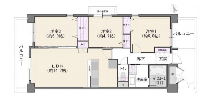 メゾン・ド・ルミネ東大宮の間取り|メゾン・ド・ルミネ東大宮、3LDK、専有面積68.35m2、バルコニー面積12.62m2