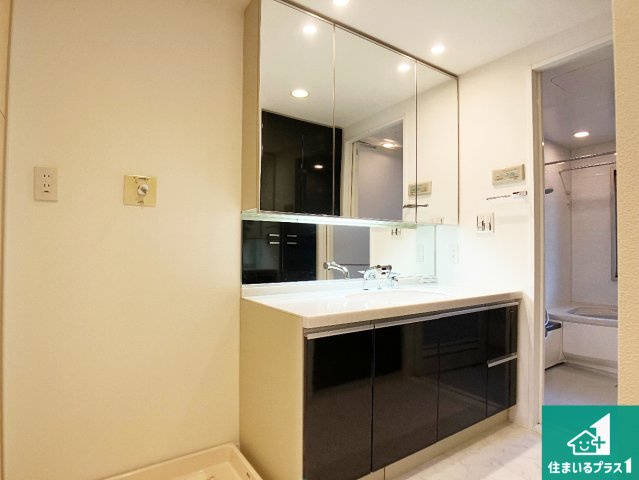 レピア垂水五色山の独立洗面台|清潔感のある洗面台です。フラットな鏡は掃除がしやすく毎日清潔！鏡裏には収納があるのでスッキリとした洗面台が保てます。