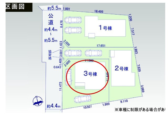 アーバンスタイル前橋市北代田町1期　3号棟の区画図|お車は２台駐車可能です。
前面道路も広く車の出し入れもしやすいですよ！
