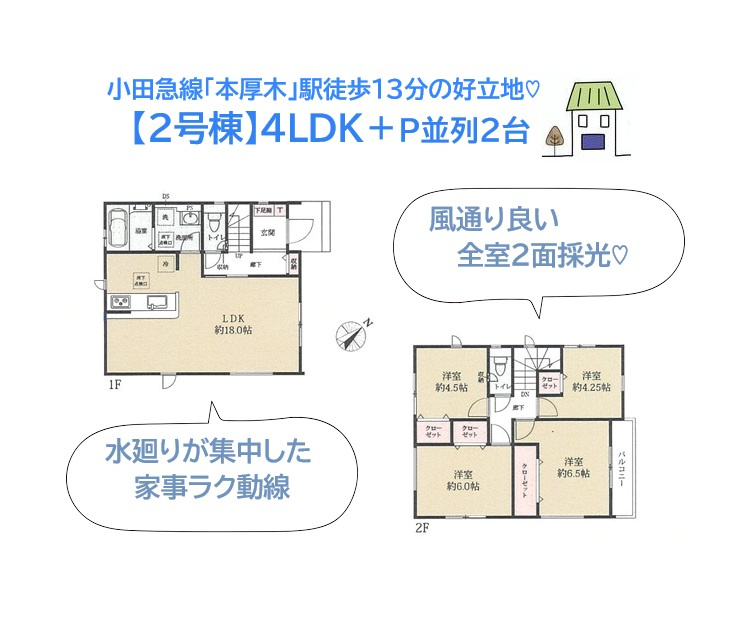 【現地画像あり】厚木市戸室５期　全２棟　2号棟の間取り|１人１部屋にしやすく、未来の家族計画に備えられる4ＬＤＫ◎　
ダイレクトにアクセスできる水廻り集中設計！
キッチンはカウンター付きで、配膳＆後片付けもスムーズに行えますよ♪
