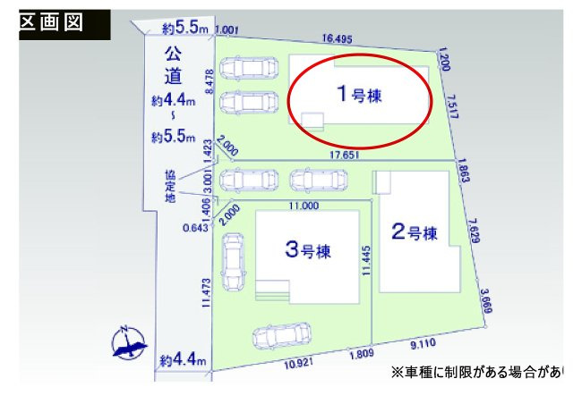 アーバンスタイル前橋市北代田町1期　1号棟の区画図|お車は並列３台駐車可能です。
前面道路も広く車の出し入れもしやすいですよ！