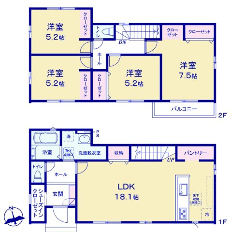 アーバンスタイル前橋市北代田町1期　1号棟の間取り|収納充実♪南向きの4LDKで陽当たり良好な間取りです！
土地面積167.24㎡、建物面積104.33㎡で十分な広さです！