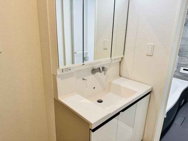 八王子市　北野町　新築一戸建て　６期の独立洗面台|～３面鏡付きの独立洗面台　細々している物をスッキリ収納出来ます～