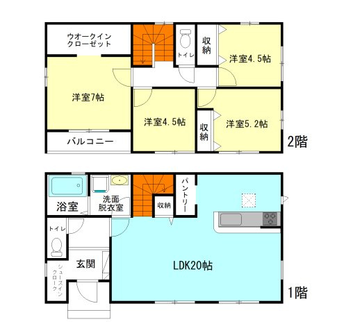 【間取り】 | アーバンスタイル高崎市藤塚町1期ー① | 玄関には嬉しいシューズインクローク完備！
家族と自然に顔合わせできるリビングアクセス階段！
モダンな全居室洋室仕様の4LDK間取り！