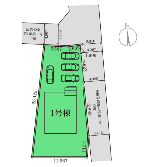 【区画図】 | リーブルガーデン.S前橋市第1小屋原町ー① | 敷地面積87.92坪！カースペースは並列3台駐車可能！