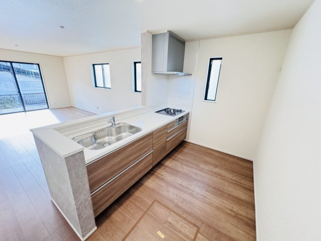 三郷市鷹野１丁目新築戸建【八木郷小学校：8分】のキッチン|お手入れしやすいレンジフード・シンクの水栓には浄水器がついてます！