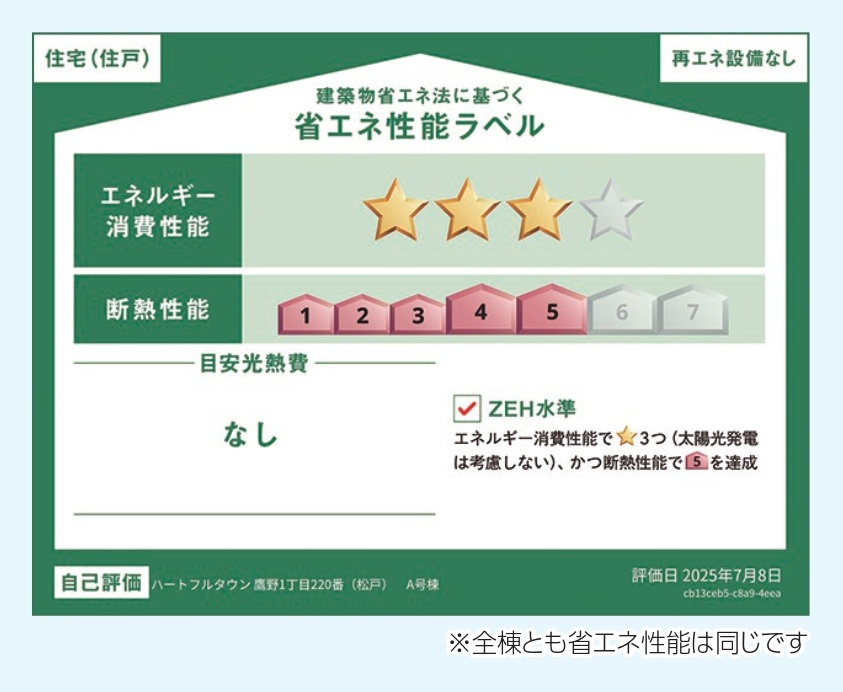 三郷市鷹野１丁目新築戸建【八木郷小学校：8分】の省エネ性能ラベル|省エネ性能ラベル・ZEH水準