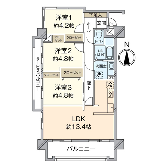 【間取り】 | サングレート長尾 | 3階角部屋で2面バルコニー付きの明るい3LDKです。収納が充実しているので居住スペースは広く使えます
